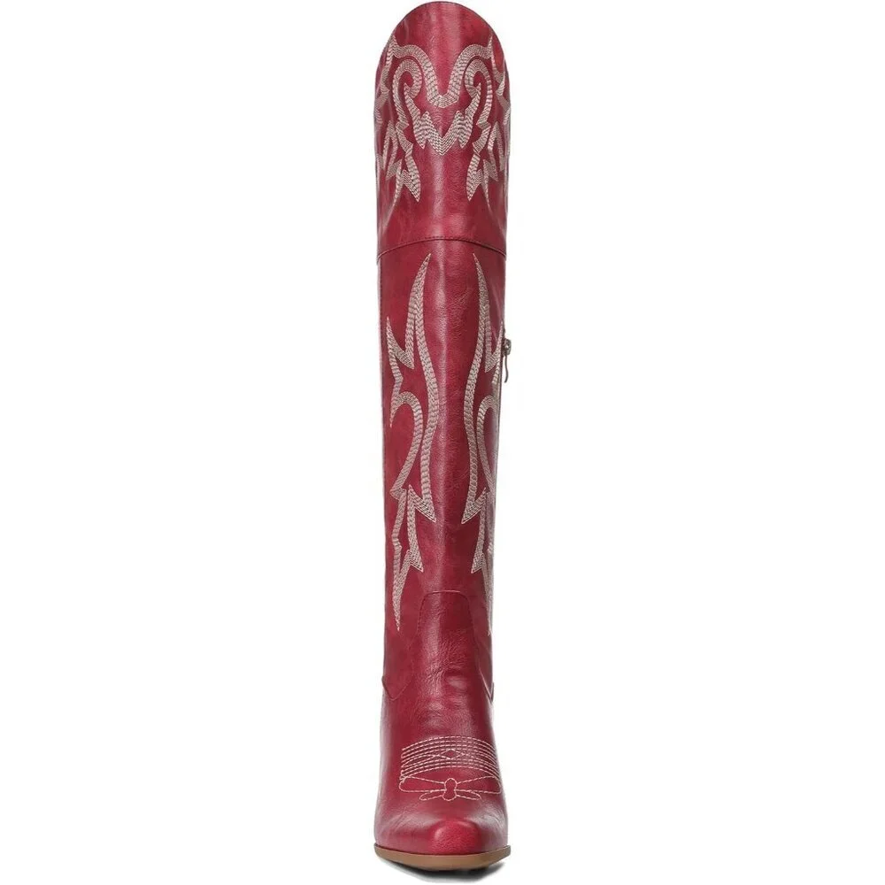 Women Red Pu Polyurethane Thigh High Embroidered Pointed Toe Chunky Heels Boot